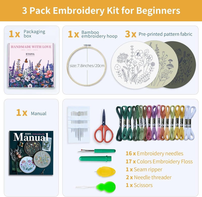 ETSPIL 3 Pack Beginner Embroidery Kits for Adults, DIY Starter Set with Stamped Flower Designs, Embroidery Hoop, Colorful Threads, Tools, Step-by-Step Instructions & Video Tutorial - Image 2